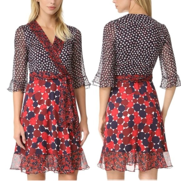 DVF Diane von Furstenberg Nieves Scarf Wrap Dress Size 10 Red Navy - Picture 1 of 16